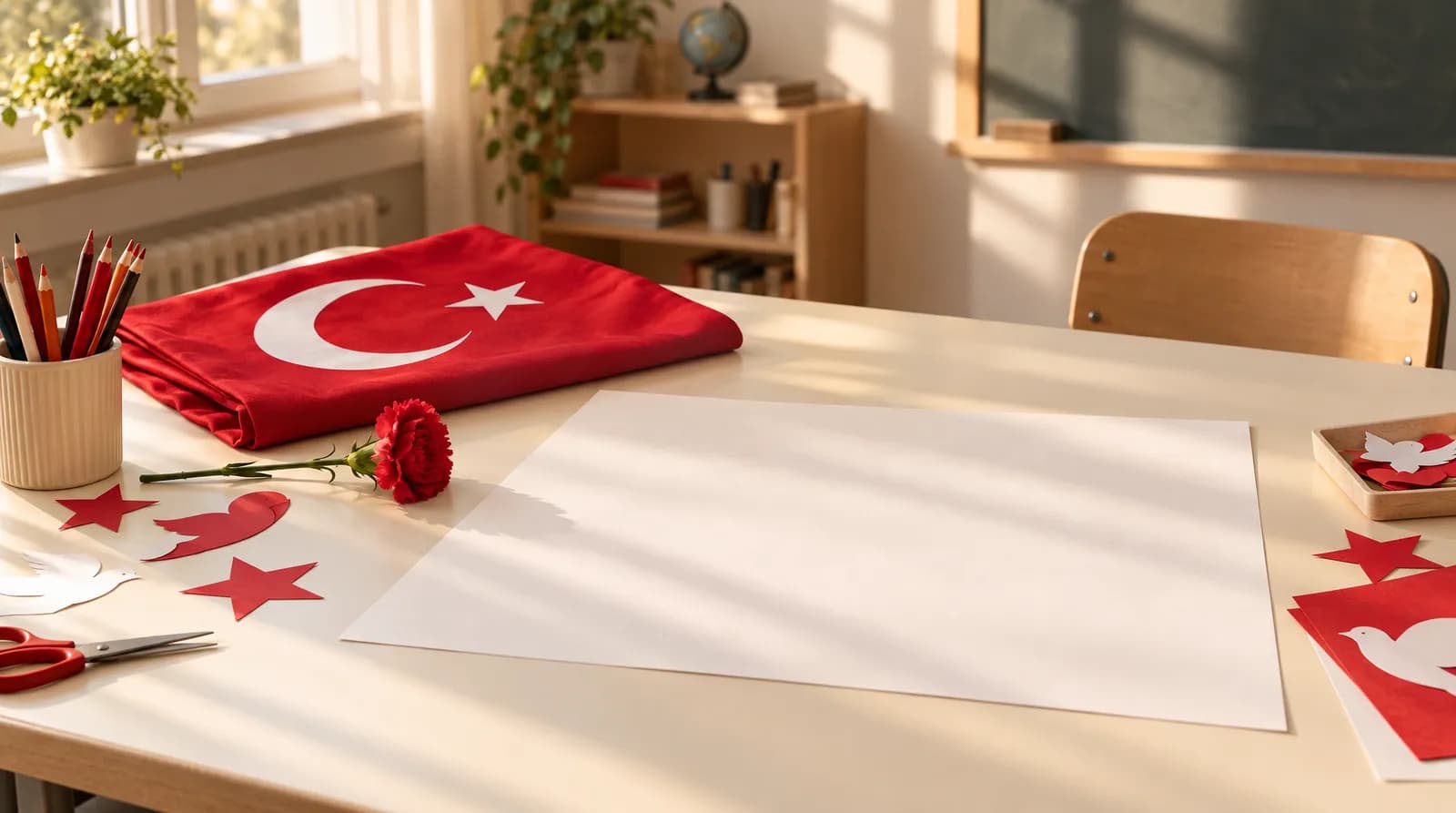Krem masada katlanmış Türk bayrağı, kırmızı karanfil, kâğıt süslemeler ve boş resim kâğıdı