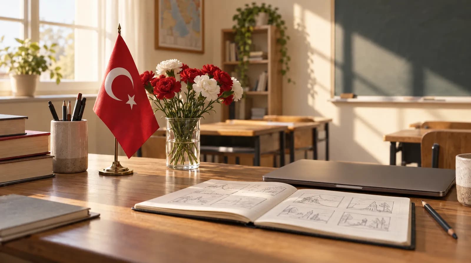Öğretmen masasında küçük Türk bayrağı, kırmızı beyaz karanfiller ve sahne planı çizilmiş defter