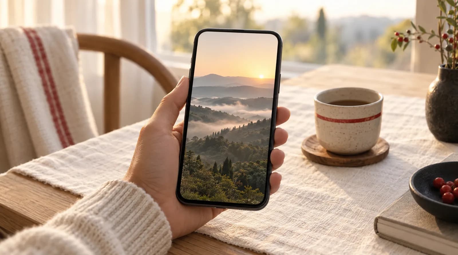 Ahşap masada elde tutulan telefon, ekranında sisli yeşil tepeler gösteren dikey duvar kağıdı