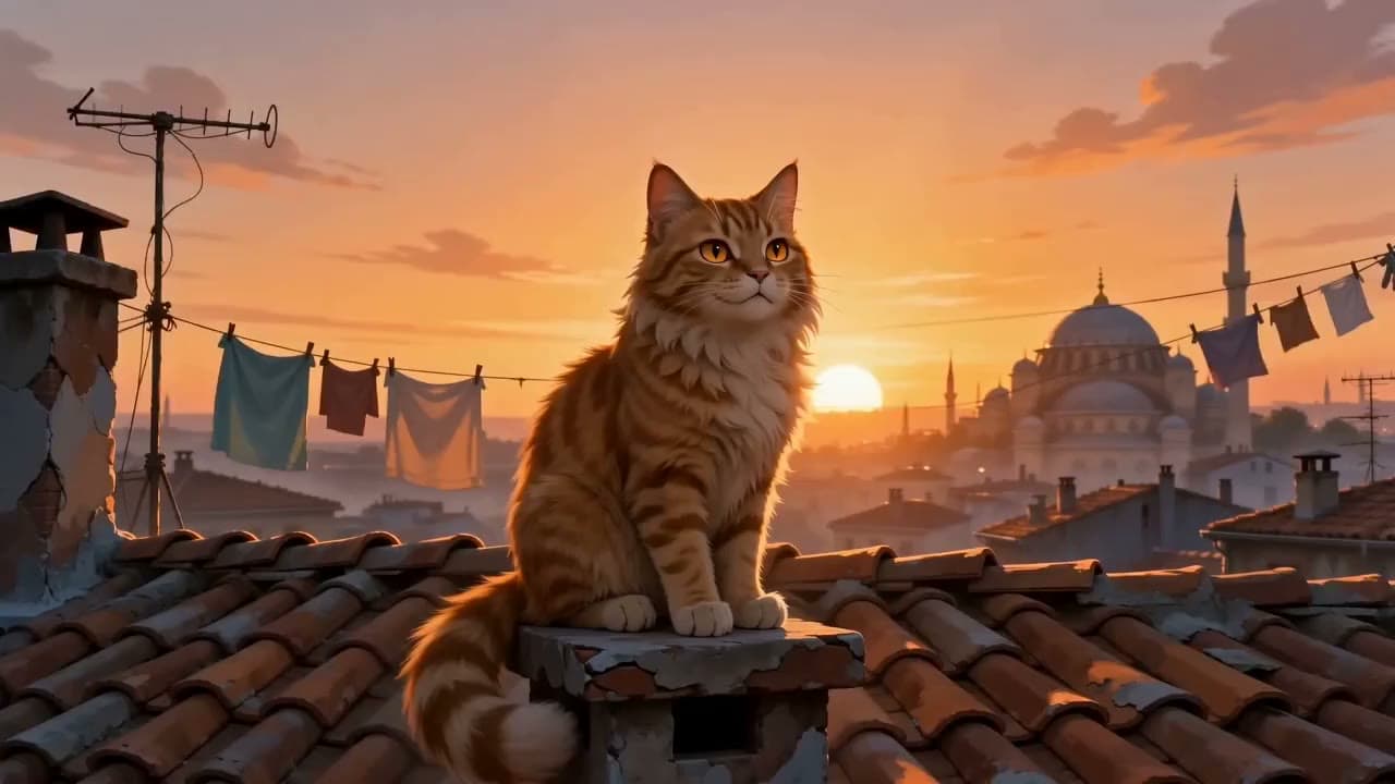 Anime tarzı: gün batımında İstanbul damında oturan kedi, arkada minareler ve çamaşır ipleri. Seedance 2.0 ile üretilen videodan bir kare.