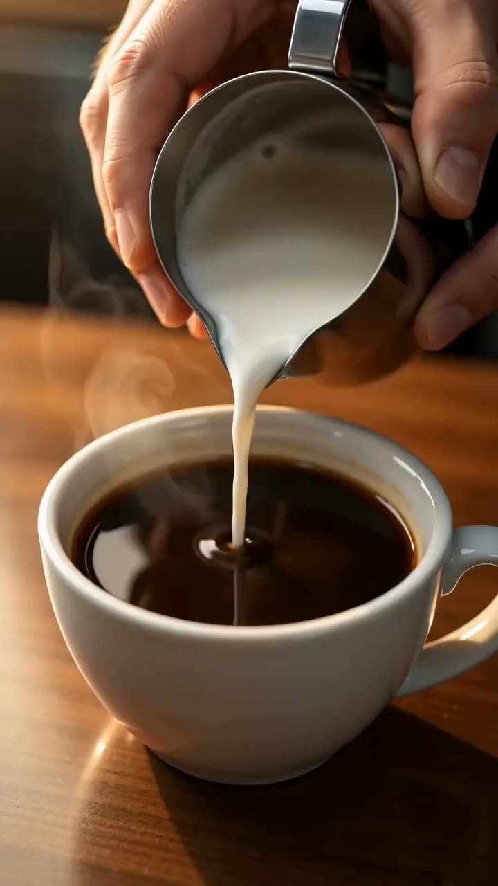 Barista latte art döküyor: süt akışı ve krema deseni yakın çekim. Seedance 2.0 ile üretilen videodan bir kare.