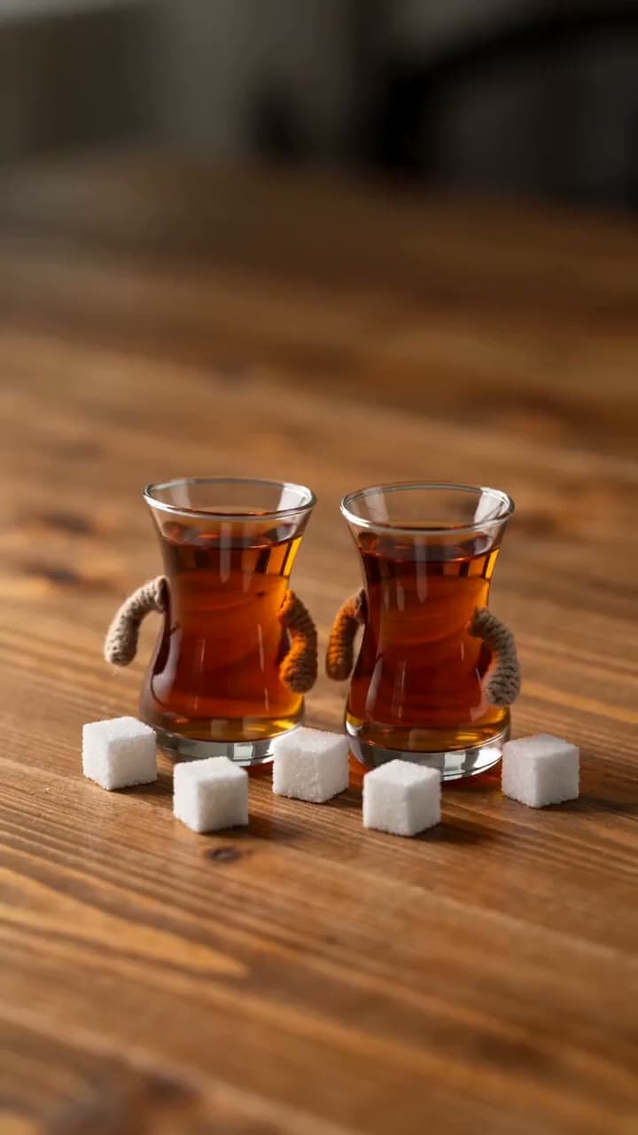 Stop motion tarzı: ince belli çay bardakları masada dans ediyor, şeker küpleri ritim tutuyor. Seedance 2.0 ile üretilen videodan bir kare.