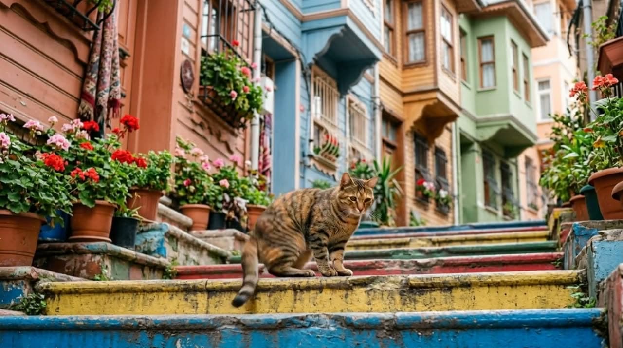 Balat'taki kedi arka ayakları üzerinde dans ediyor (Evcil hayvan dansı efekti). Kling efektleri ile üretilen videodan bir kare.