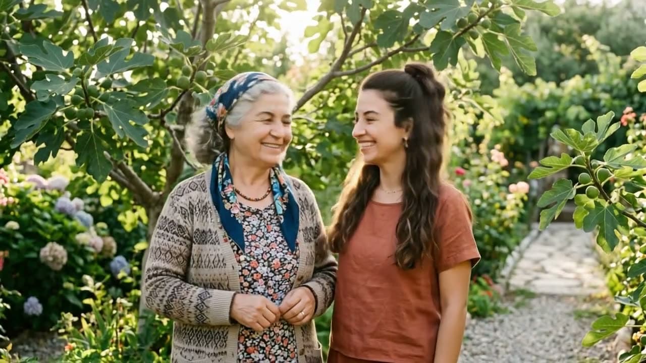 Tek fotoğraftaki anneanne ve torunu birbirine sarılıyor (Sarılma efekti). PixVerse efektleri ile üretilen videodan bir kare.