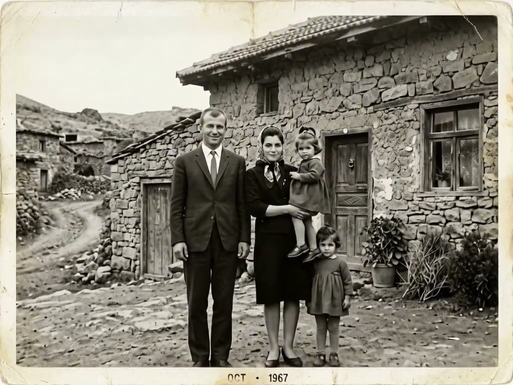 Eski aile fotoğrafı canlansın: hafifçe gülümsesinler ve kameraya baksınlar. MiniMax H3 Max ile üretilen videodan bir kare.