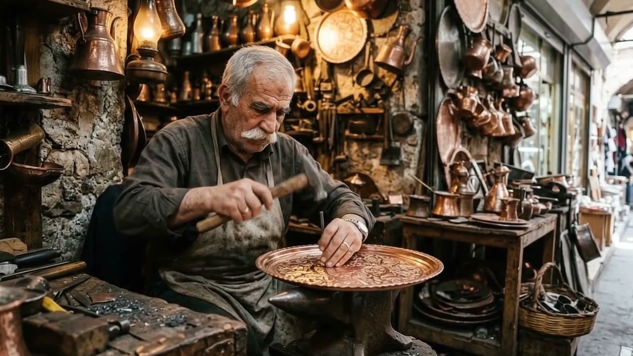 Bakır ustası tepsiyi ritmik vuruşlarla dövüyor, kamera yavaşça yaklaşıyor. Google Gemini Omni Flash ile üretilen videodan bir kare.