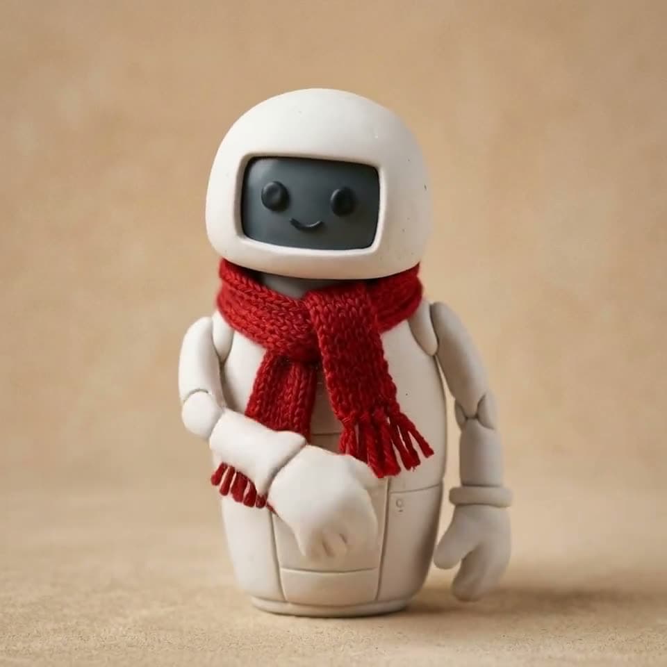 Kil robot karakter, referans videodaki kadının el ve kol hareketlerini yapıyor (yüz değiştirme yok, yalnız… Kling 3.0 Motion Control ile üretilen videodan bir kare.