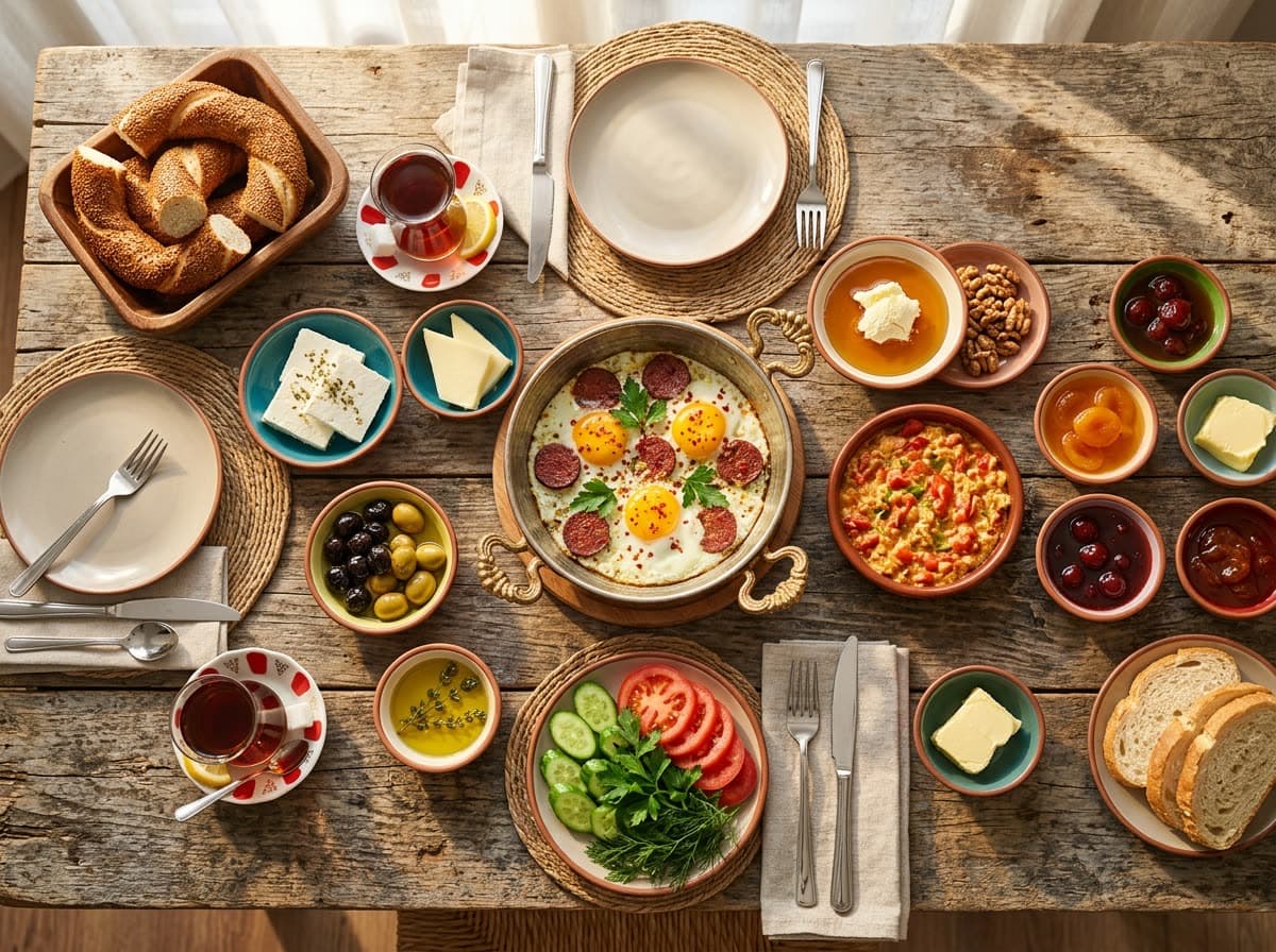Ahşap masada serpme Türk kahvaltısı: simit, zeytin, peynir, domates, yumurta ve ince belli bardakta çay,… Nano Banana 2 ile üretilen görsel.