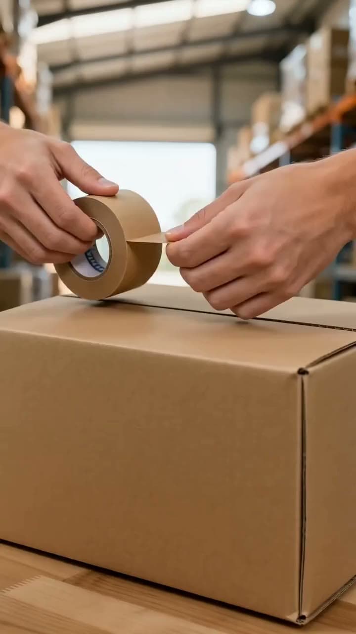 E-ticaret paketi hazırlanıyor: kutu bantlanıyor, etiket yapıştırılıyor. Seedance 2.0 ile üretilen videodan bir kare.