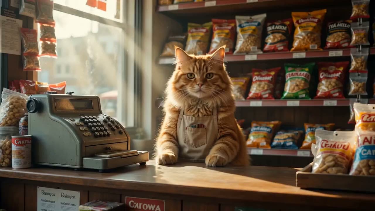 Bakkalda kasaya geçen kedi: minik önlüğüyle yazar kasaya patisiyle basıyor. Seedance 2.0 ile üretilen videodan bir kare.