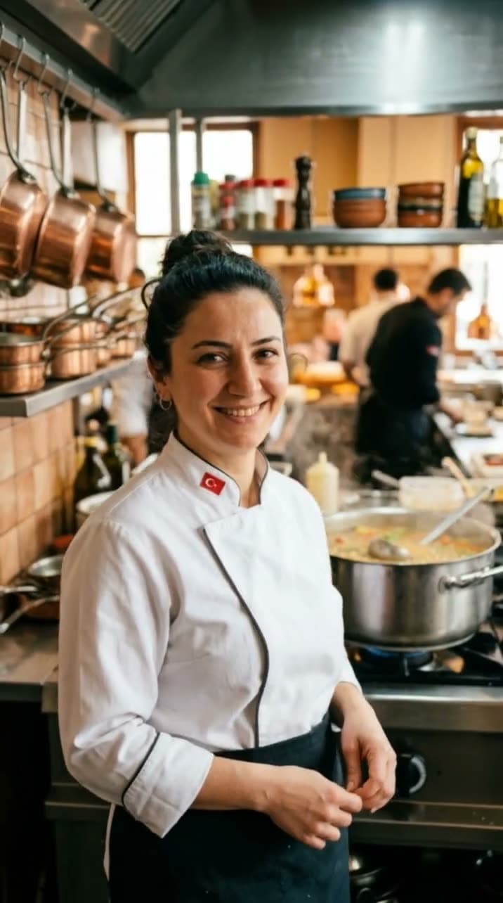 Aşçı kepçeyle tencereden mercimek çorbası dolduruyor, buhar yükseliyor, sonra kameraya gülümsüyor. Kling 3.0 ile üretilen videodan bir kare.