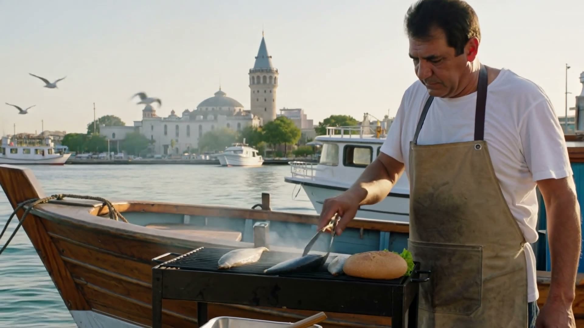 Karaköy'de akşamüstü balık ekmek teknesi: usta közün üzerindeki balıkları çeviriyor, alevler ve duman… Kling 3.0 ile üretilen videodan bir kare.