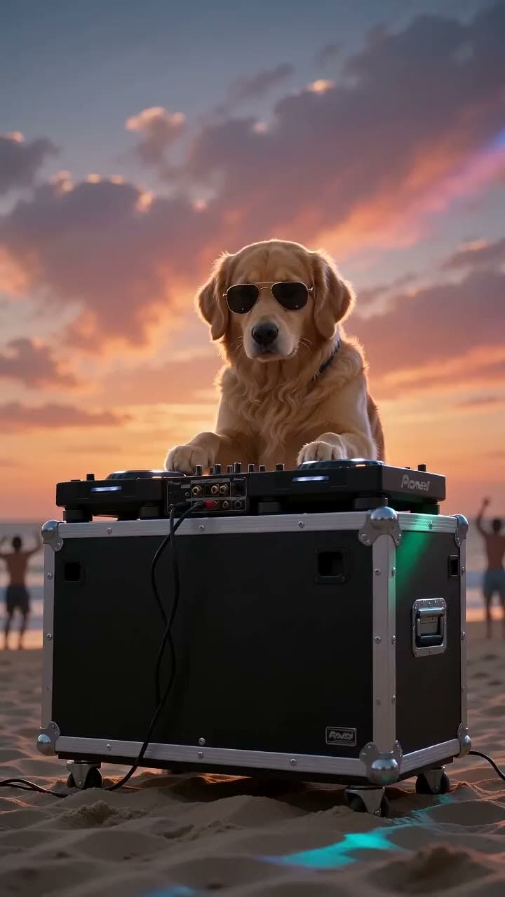 Sahilde DJ kabininde gözlüklü golden retriever, kalabalık zıplıyor. Seedance 2.0 Mini ile üretilen videodan bir kare.