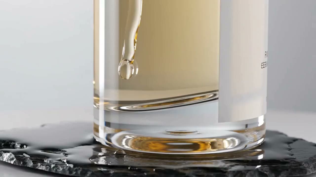 Kozmetik serum şişesi: su damlaları ve yumuşak stüdyo ışığı. Seedance 2.0 ile üretilen videodan bir kare.