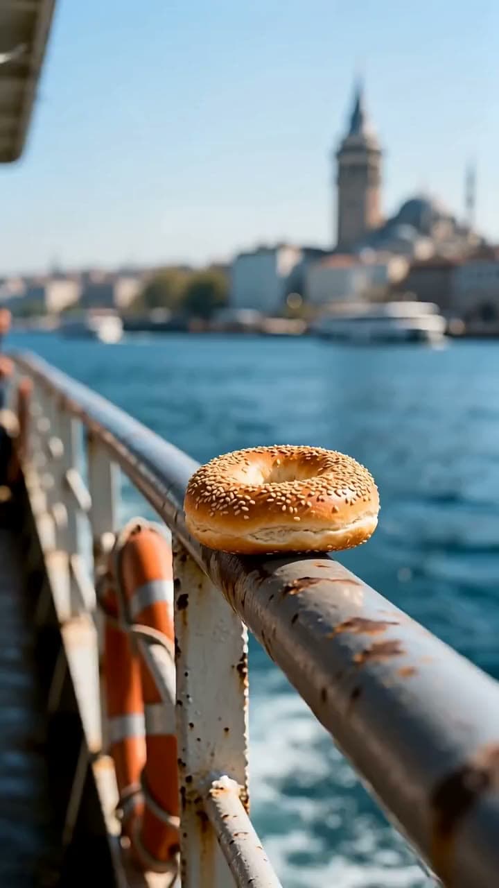 Vapurda martı kapkaçı: korkuluktaki simidi kapıp uçuyor, arkada Boğaz. Seedance 2.0 ile üretilen videodan bir kare.