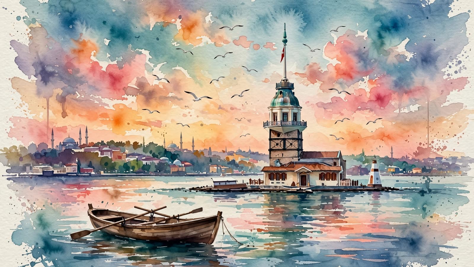 Sulu boya tarzında Kız Kulesi: gün batımı, martılar ve Üsküdar kıyısında bir sandal. Muse Image ile üretilen görsel.