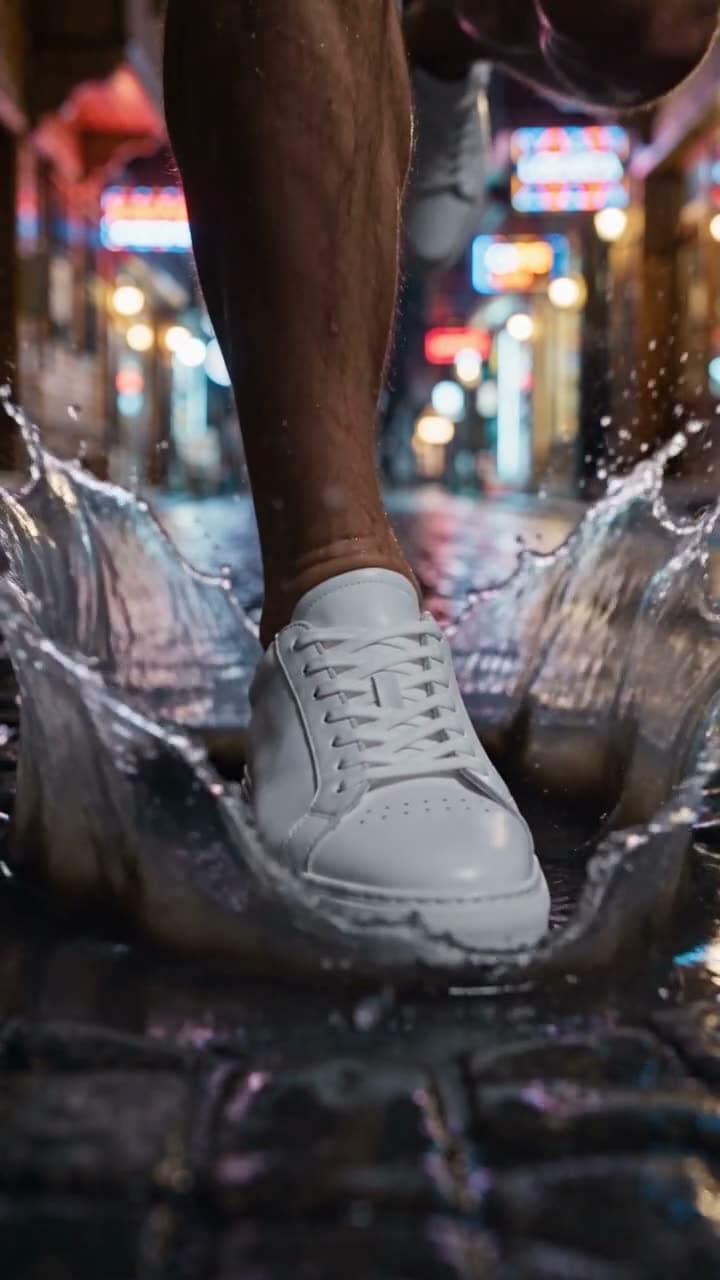 Ürün ve mekân fotoğrafı tek reklamda: beyaz spor ayakkabı yağmurlu İstanbul sokağında su birikintisine… Seedance 2.5 Referans ile üretilen videodan bir kare.