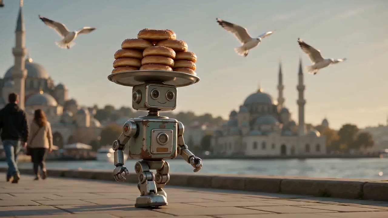 Teneke robot simitçi sahilde yürüyor, martılar peşinde. Seedance 2.0 Mini ile üretilen videodan bir kare.