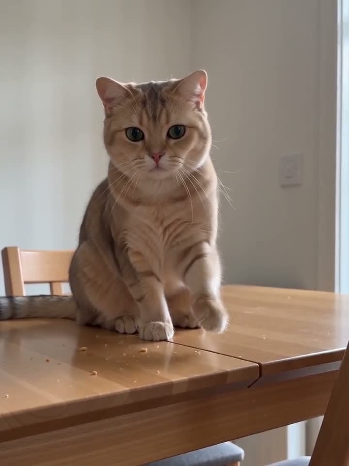 Kedi masadaki su bardağını patisiyle itip düşürüyor, sonra hiçbir şey olmamış gibi kameraya bakıyor. Seedance 2.0 Mini ile üretilen videodan bir kare.
