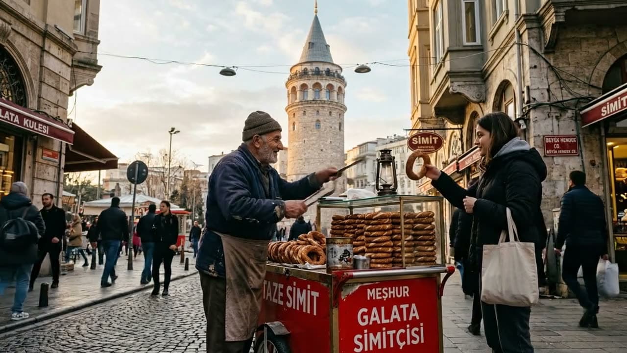 Simitçi tezgâhının arkasından kameraya sıcak bir gülümsemeyle bakıyor, arkada Galata Kulesi önünde insanlar… Google Veo 3.1 Lite ile üretilen videodan bir kare.