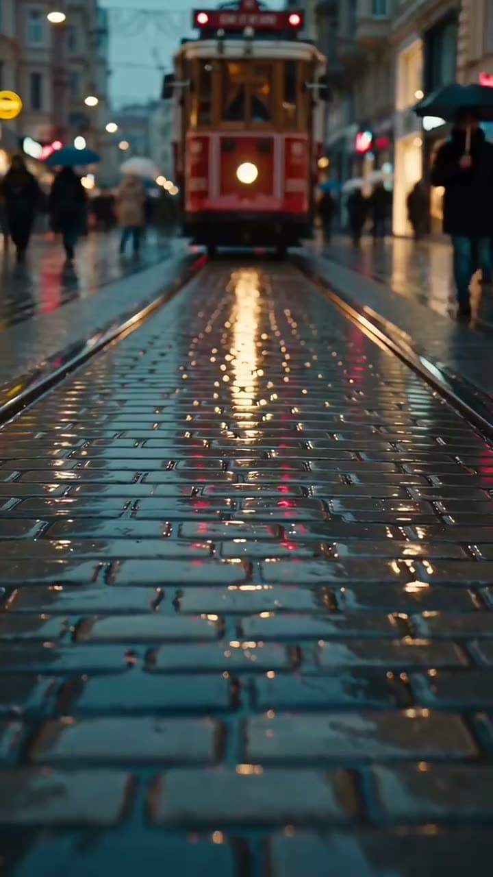 İstiklal Caddesi'nde akşam, hafif yağmur: kırmızı nostaljik tramvay ışıklı vitrinlerin arasından yavaşça… Seedance 2.5 ile üretilen videodan bir kare.