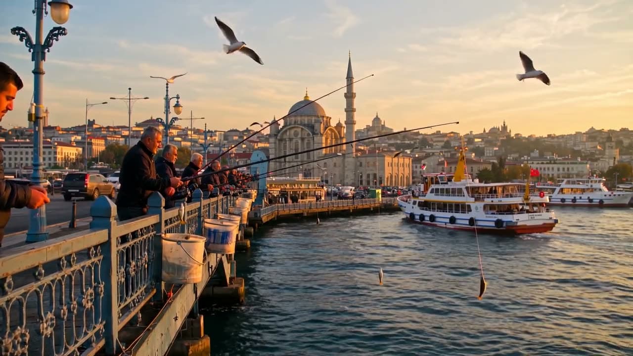 Galata Köprüsü'nde gün batımı: oltalarını atan balıkçılar, arkada Yeni Cami ve vapurlar, kamera köprü boyunca… Wan 3.0 ile üretilen videodan bir kare.