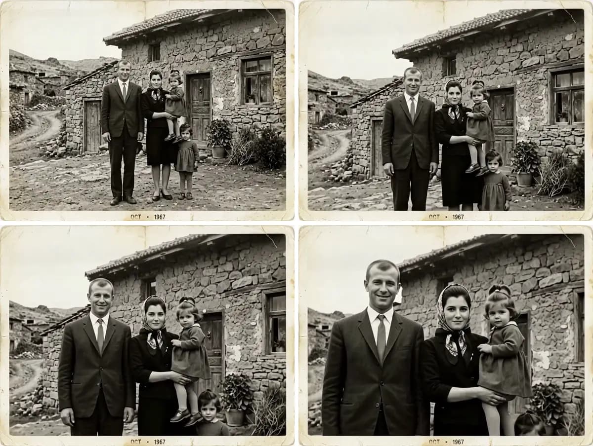 Siyah beyaz 1960'lar aile fotoğrafının canlandırılmış videosundan dört kare: kamera aileye yaklaşıyor, kişiler gülümsüyor