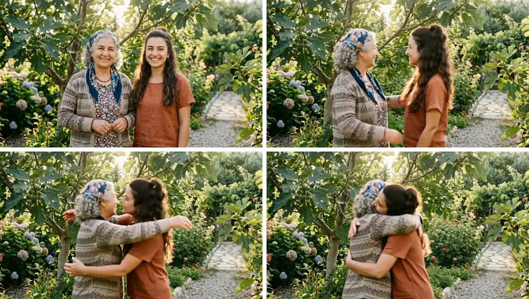 Bahçede yan yana duran anneanne ve torununun birbirine dönüp sarıldığı videodan dört kare