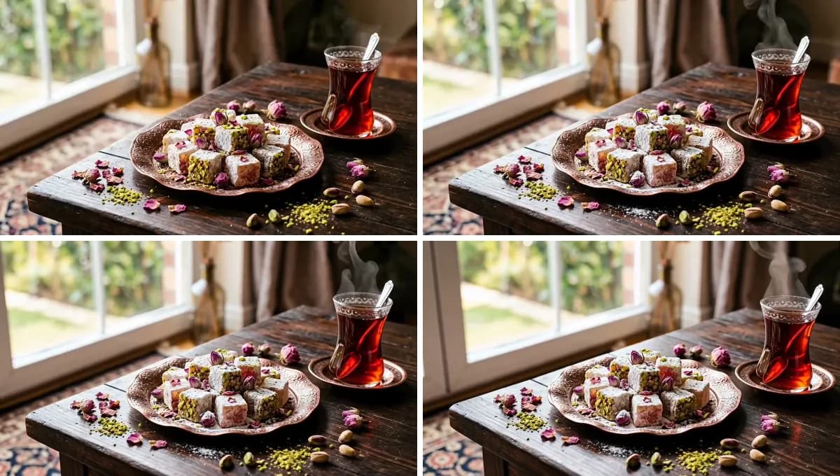 Bakır tabakta lokum ve ince belli bardakta çay fotoğrafından üretilen videodan dört kare: kamera tabağın etrafında dönüyor, çaydan buhar yükseliyor