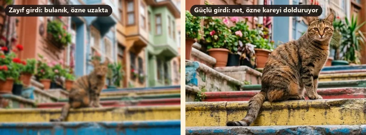 Aynı kedi fotoğrafının iki hâli: solda bulanık ve kedinin uzakta kaldığı zayıf girdi, sağda net ve kedinin kareyi doldurduğu güçlü girdi