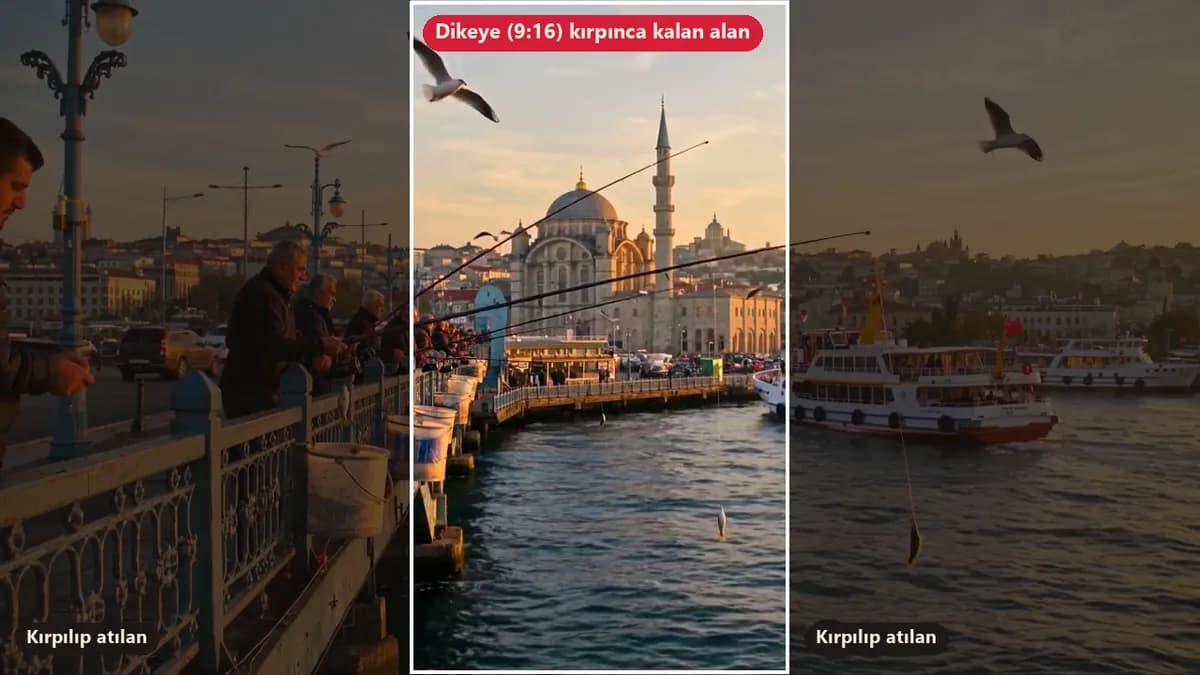 Galata Köprüsü'nde gün batımı sahnesinin yatay karesi; ortadaki dikey şerit 9:16'ya kırpınca kalan alanı gösteriyor, soldaki balıkçılar ve sağdaki vapur kırpılıp atılan bölümde kalıyor