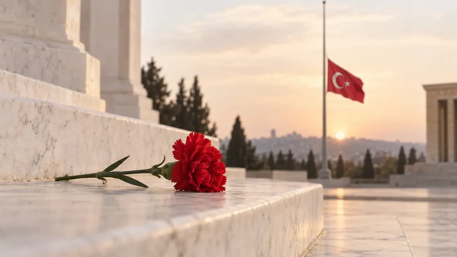 Beyaz mermer basamakta kırmızı karanfil ve arka planda yarıya indirilmiş Türk bayrağı