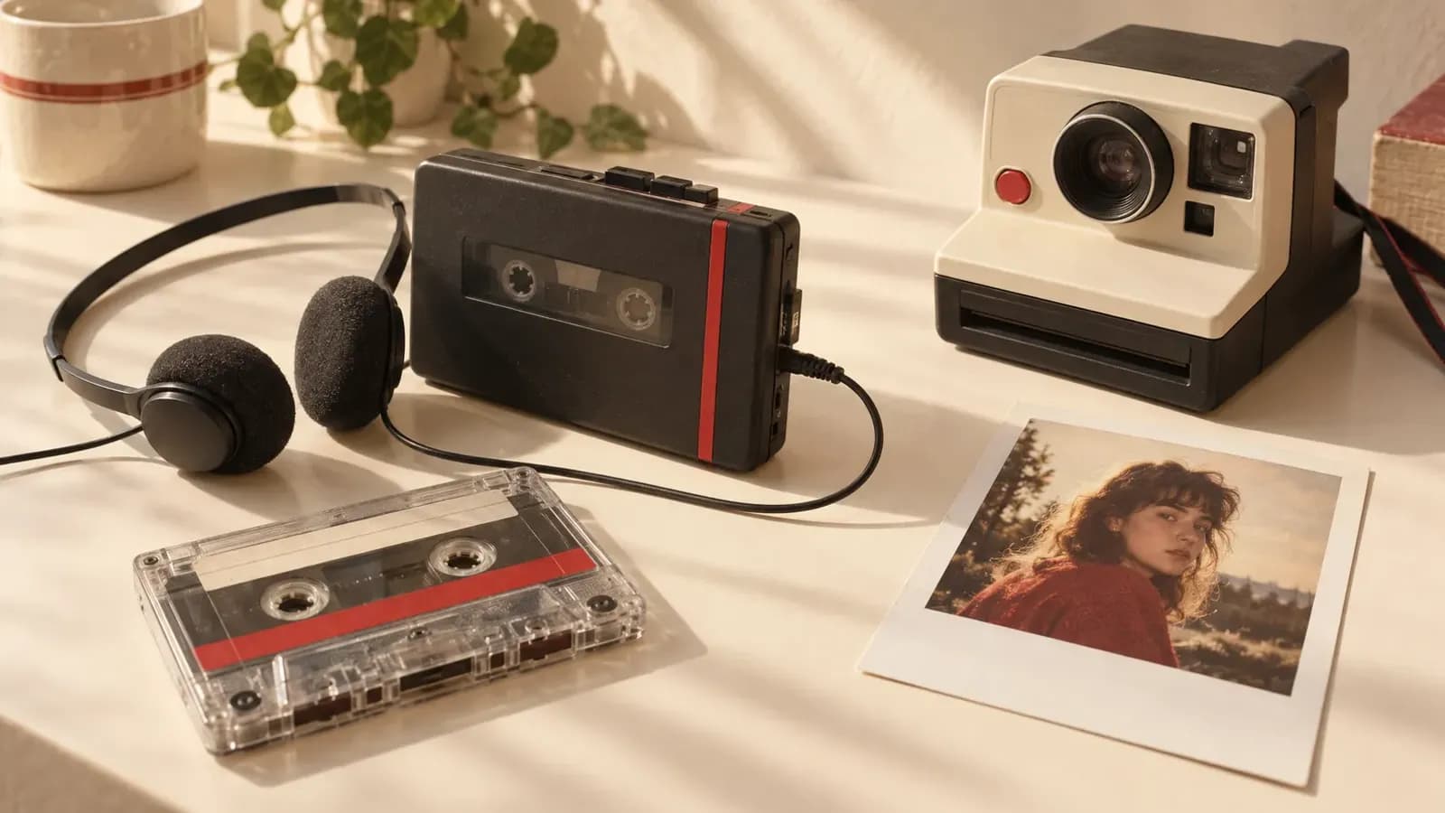 Kaset, kasetçalar, anlık fotoğraf makinesi ve 80'ler tarzı portre baskısı
