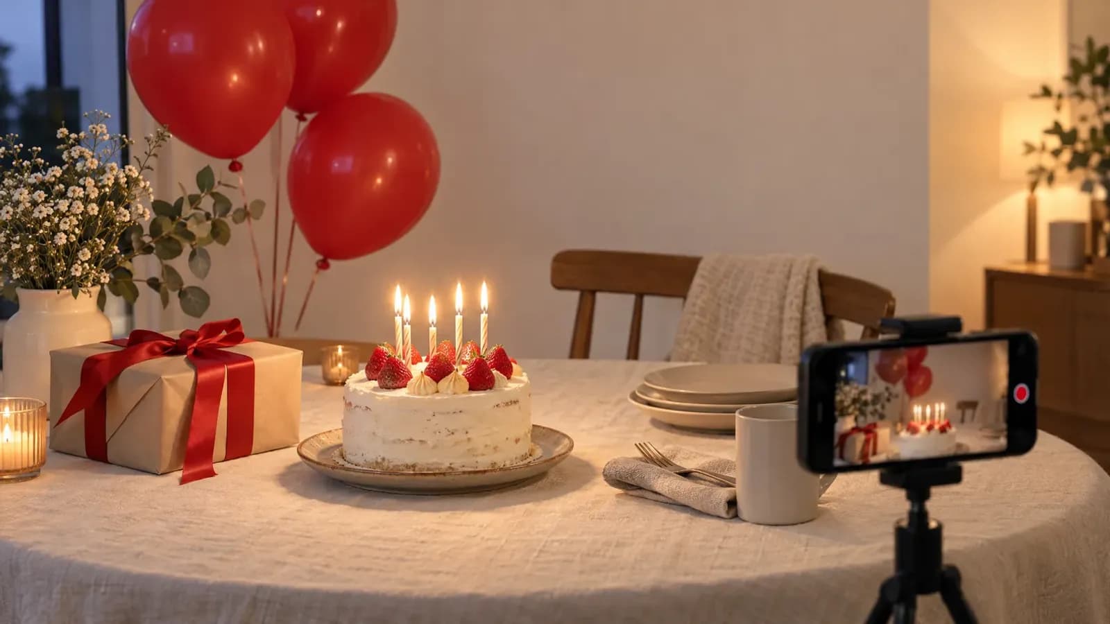 Mumlu doğum günü pastası, kırmızı balonlar ve kayıttaki telefon