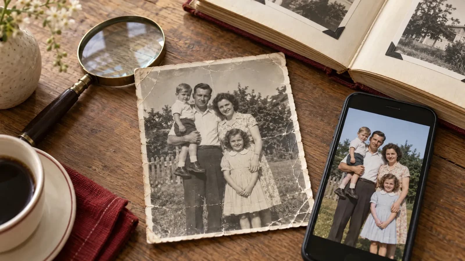 Ahşap masada eski siyah beyaz aile fotoğrafı, albüm ve büyüteç
