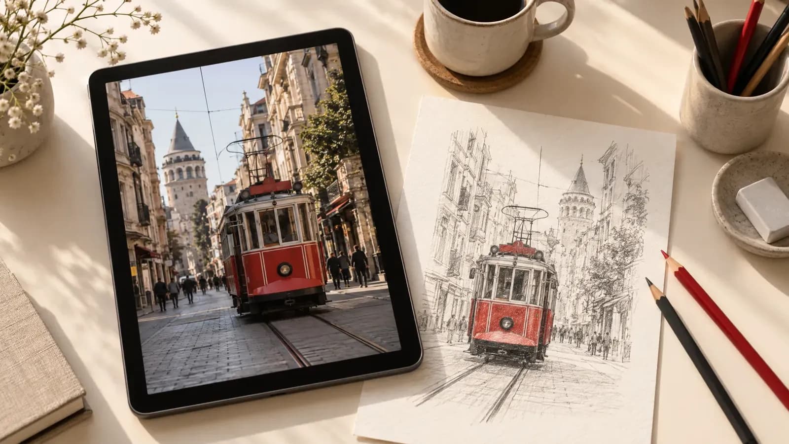 Tablette üretilmiş İstanbul tramvayı görseli ve yanında aynı tramvayın karakalem taslağı