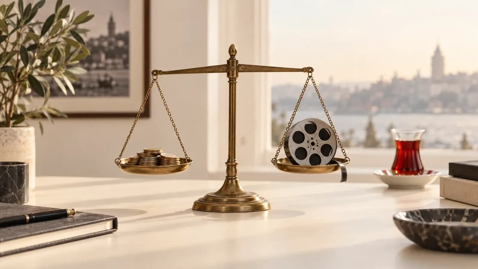Terazinin bir kefesinde bozuk paralar, diğerinde film makarası