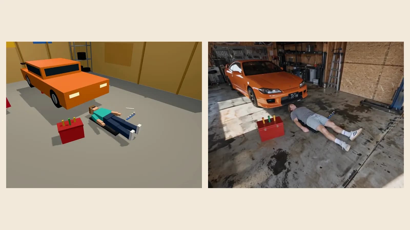 Garaj sahnesinin bloklu 3D maketi ve aynı açıdan yapay zekayla üretilmiş gerçekçi karesi yan yana