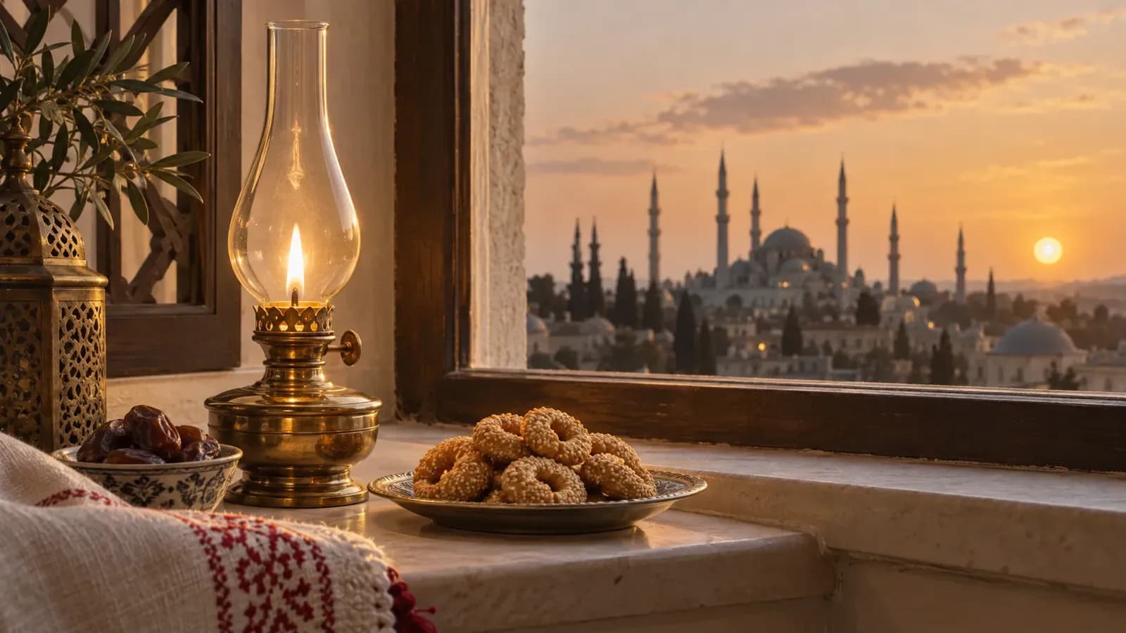 Akşam pencere önünde yanan kandil, uzakta cami silueti ve kandil simidi