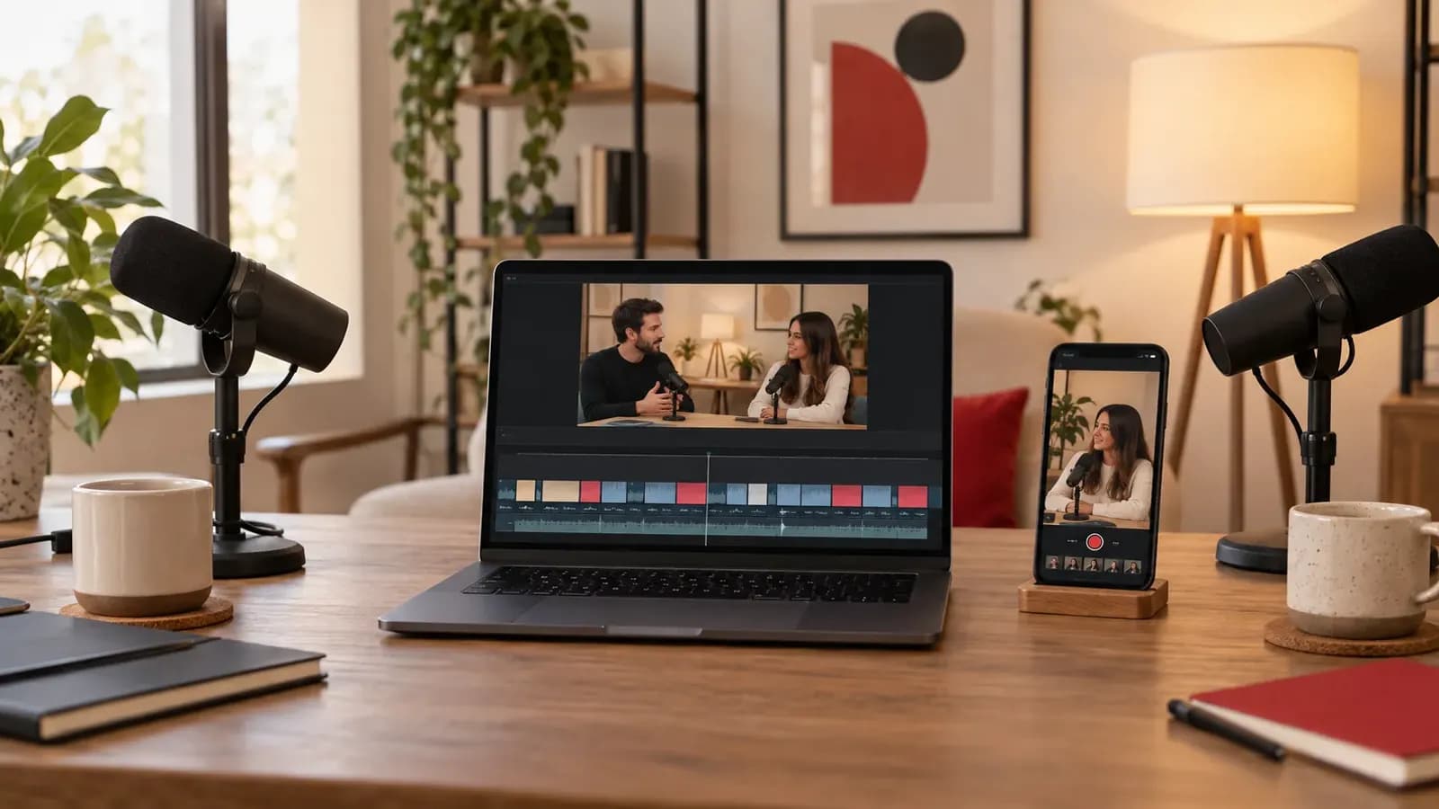 Podcast masasında iki mikrofon, yatay video açık dizüstü bilgisayar ve dikey kare gösteren telefon