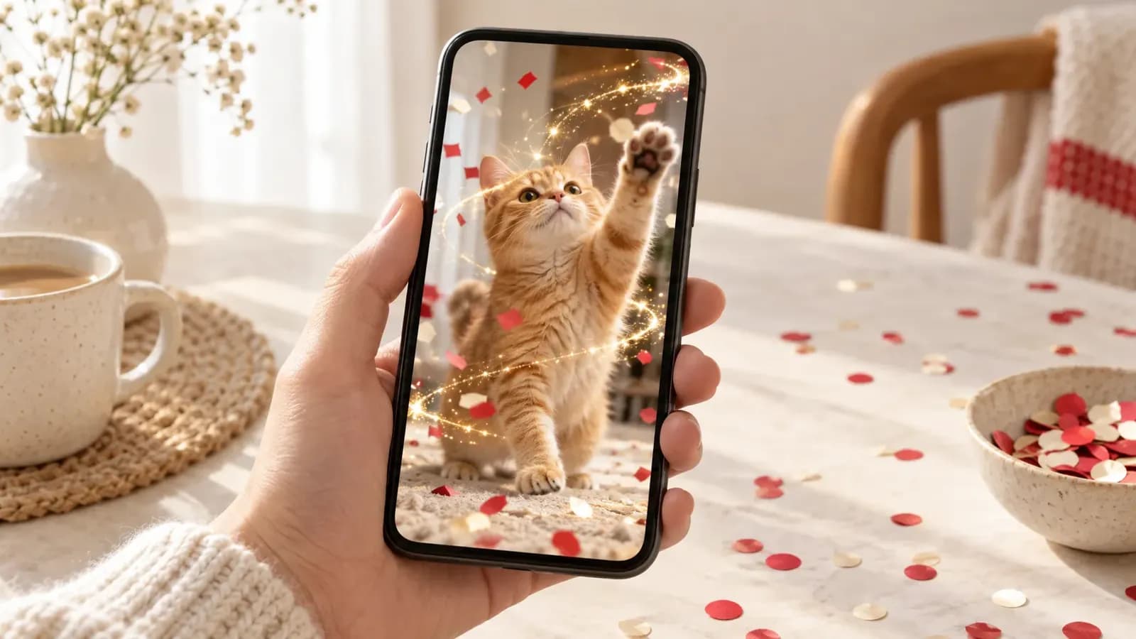 Elde tutulan telefonda efektli kedi videosu karesi ve masada konfeti