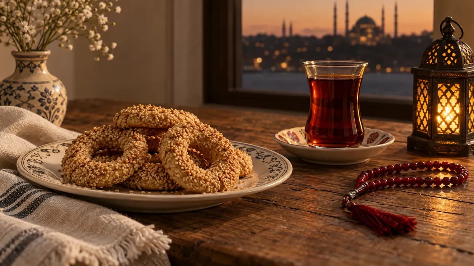 Kandil simidi, çay, tespih ve yanan fener