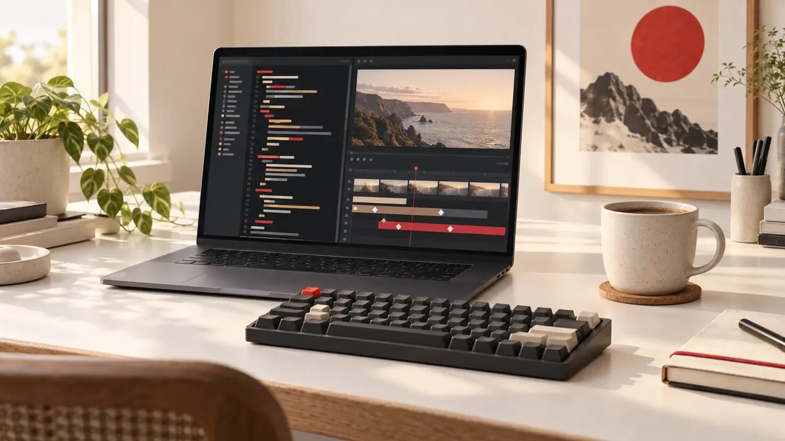 Dizüstü bilgisayarda renkli kod blokları ve video zaman çizelgesi