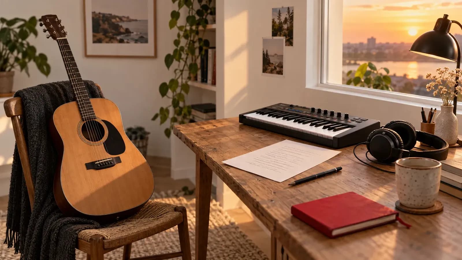 Akustik gitar, klavye, kulaklık ve söz kâğıdı olan ev müzik köşesi