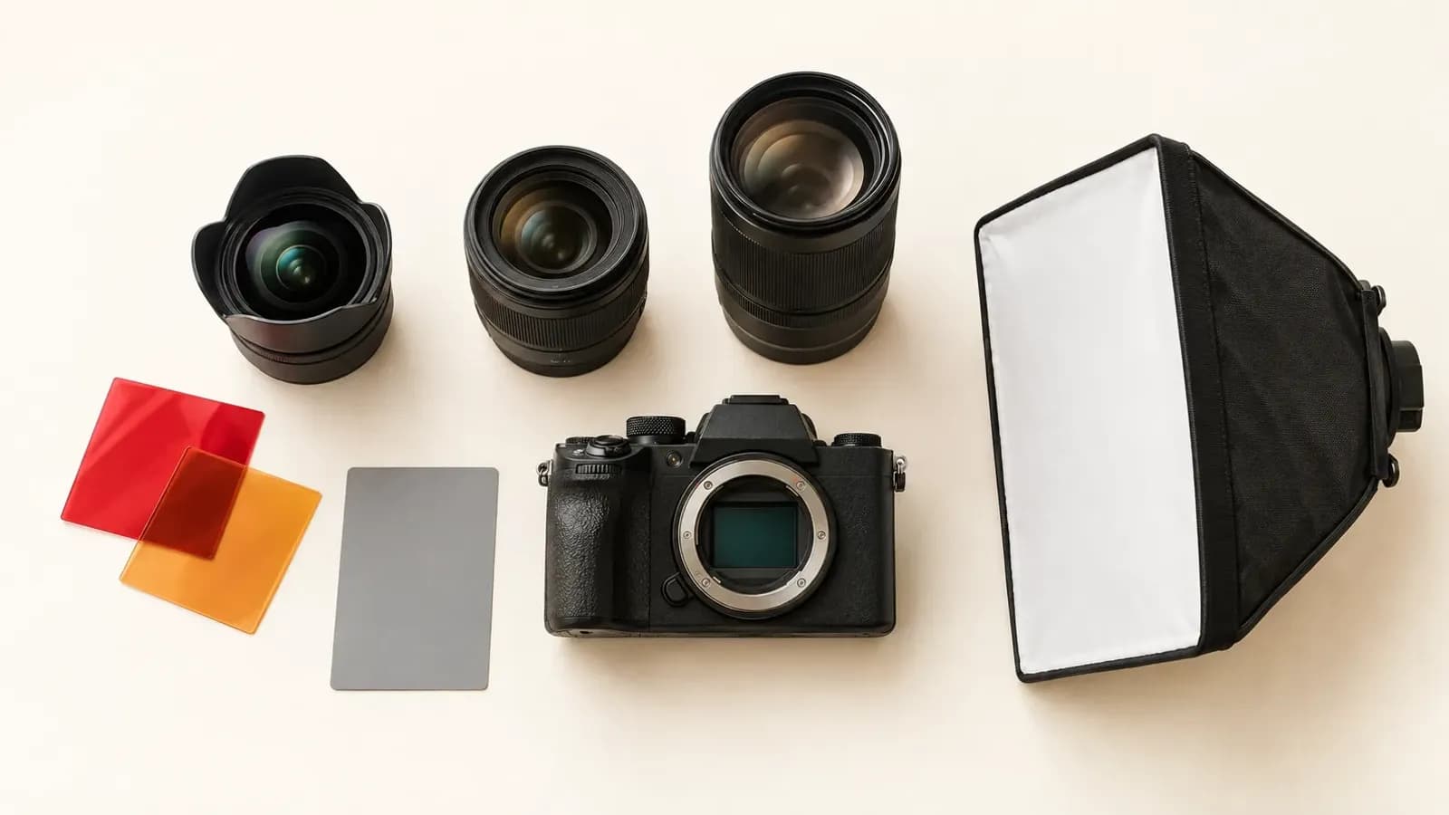 Fotoğraf makinesi, objektifler, renk jelatinleri ve küçük softbox düzeni