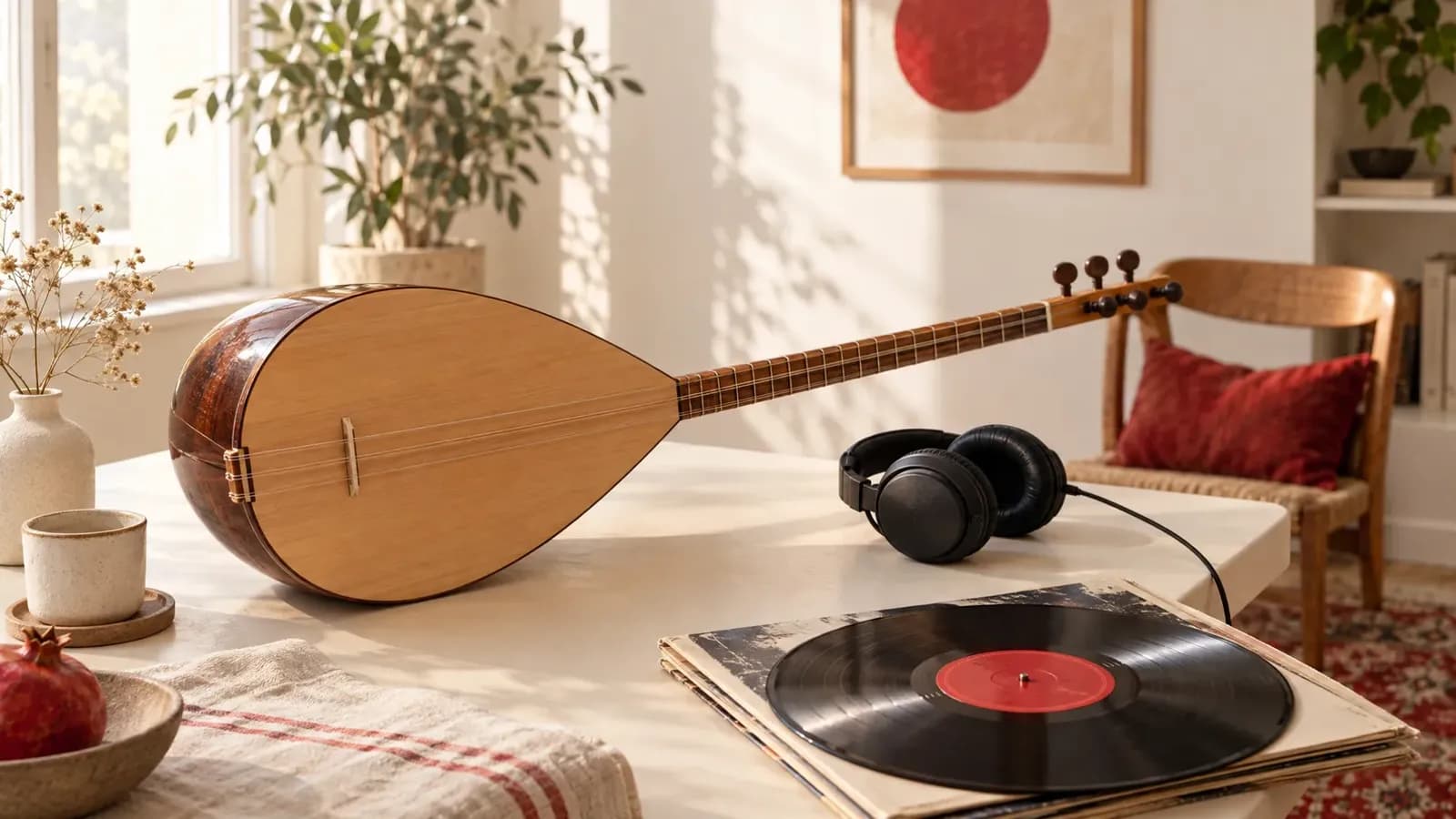 Bağlama, stüdyo kulaklığı ve plak