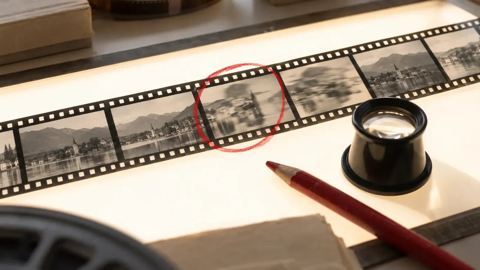 Işıklı masada bazı kareleri bulanık film şeridi ve hatalı kareyi işaretleyen kırmızı kalem