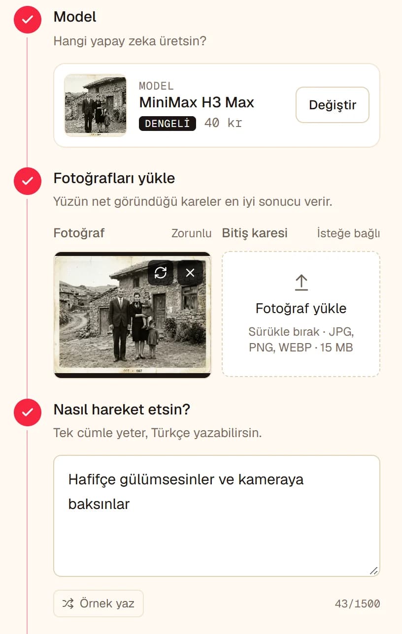 Fotoğraftan Video ekranı: model MiniMax H3 Max, yüklenmiş siyah beyaz 1967 tarihli aile fotoğrafı ve Nasıl hareket etsin? kutusunda Hafifçe gülümsesinler ve kameraya baksınlar tarifi