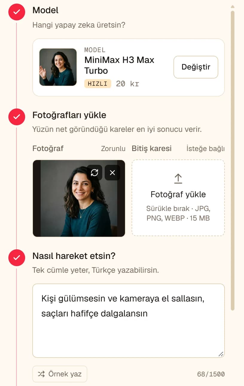 Fotoğraftan Video ekranı: yüklenmiş portre fotoğrafı, boş Bitiş karesi alanı ve Nasıl hareket etsin? kutusunda tek cümlelik hareket tarifi