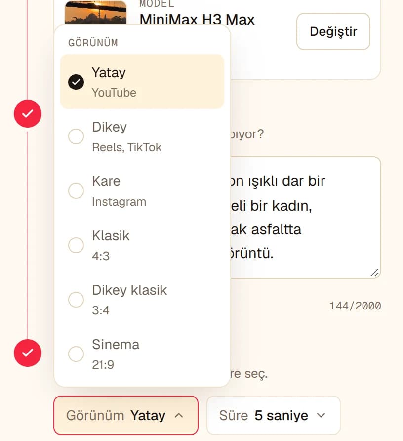 Ayarlar adımında açılmış Görünüm listesi: Yatay YouTube, Dikey Reels ve TikTok, Kare Instagram, Klasik 4:3, Dikey klasik 3:4, Sinema 21:9